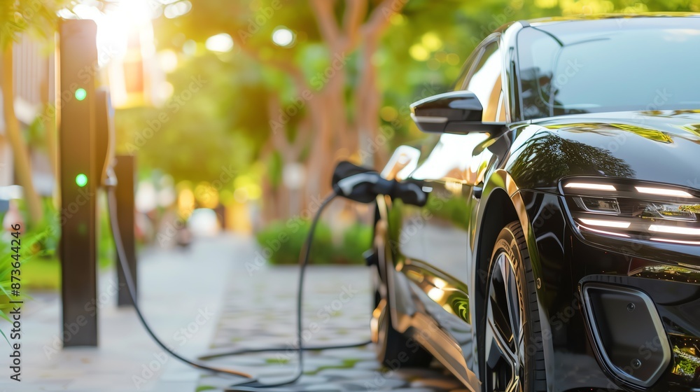 High-tech electric vehicle charging at an eco-friendly dock station with recycled materials, Automobile, EV, Sustainable Dock and Station concept High-tech electric vehicle charging at an eco-friendly dock station with recycled materials, Automobile, EV, Sustainable Dock and Station concept