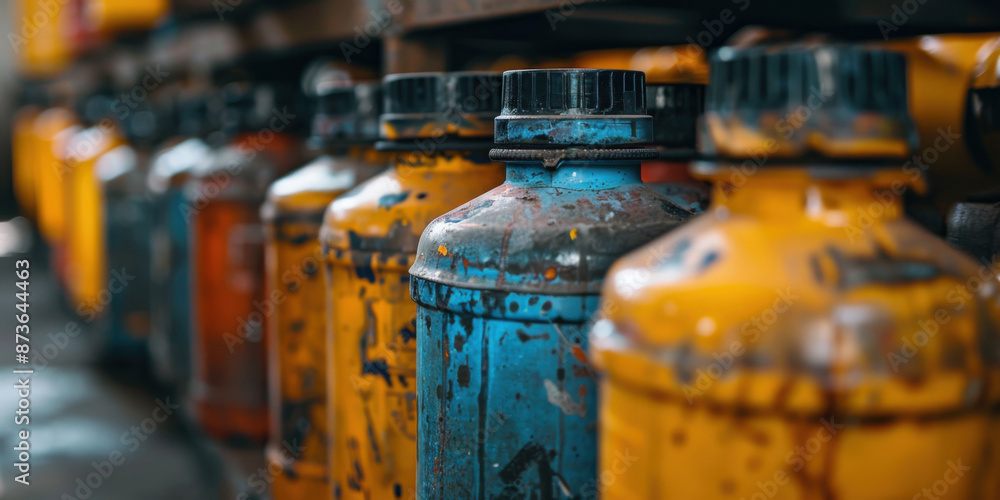 A lineup of multicolored gas canisters on shelves in an industrial setting, showcasing storage and organization. A lineup of multicolored gas canisters on shelves in an industrial setting, showcasing storage and organization.