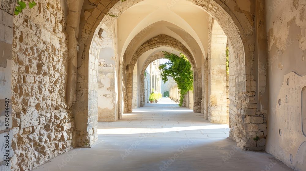 Fototapeta premium 3 Historical tour guide leading a quest through medieval castle corridors, Tour, Route and Quest concept