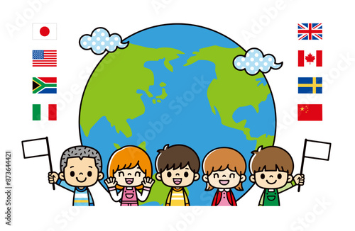 半円の地球と雲と国旗のアイコン、笑顔で国旗を持つかわいい子供たちのイラスト。