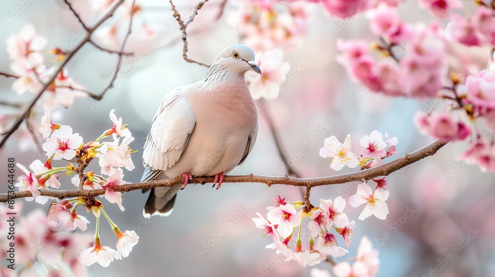 Peaceful dove resting on a blooming cherry blossom branch, Animal, Calm and Pure concept Peaceful dove resting on a blooming cherry blossom branch, Animal, Calm and Pure concept