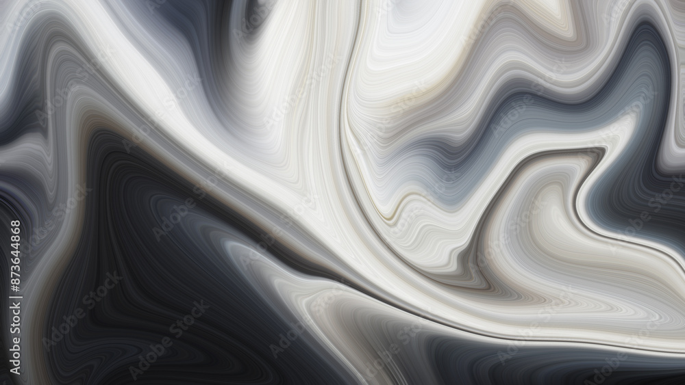 Obraz premium Abstract marbled paint texture pattern in white, black, and gray waves and swirls; metallic fluid or liquid flowing in an abstract pattern; silver background; chrome background