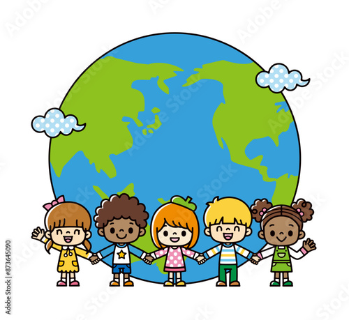 雲がかかる地球の前に立って、手をつないでいる世界のいろいろな人種の子供たちのイラスト