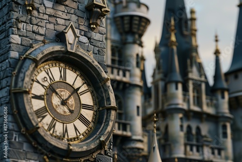 Magical clock on a castle tower, shot during twilight, evoking a fairy tale atmosphere