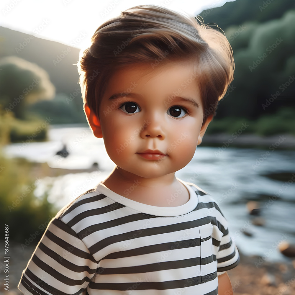 small toddler boy standing outdoors by a river in summer, looking at camera small toddler boy standing outdoors by a river in summer, looking at camera