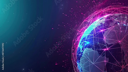 Global network concept. World map point. Global network planet Earth. Low poly wireframe, lines and dots glowing design. A purple space background with polygonal or plexus-shaped abstract objects.