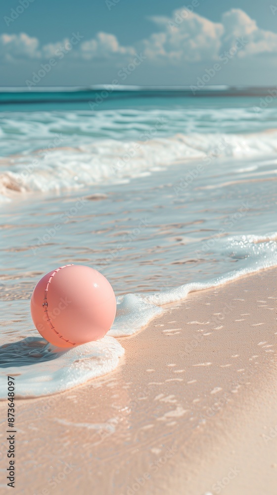 Obraz premium Serene tropical beach with pink beach ball and gentle waves, summer vibes with large area for text