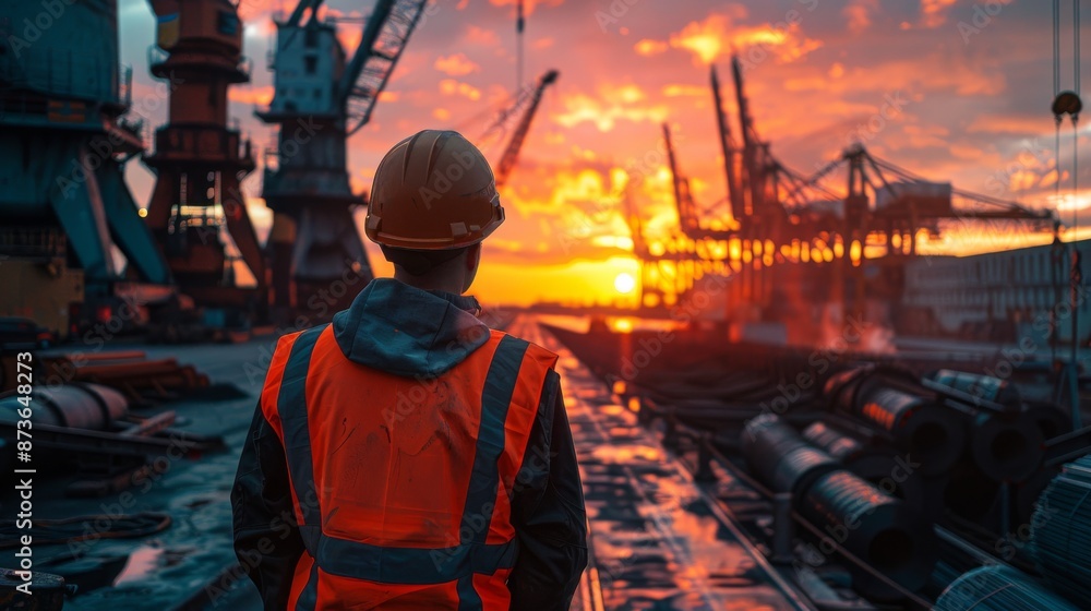 Worker in Orange Safety Vest and Helmet Overseeing Steel Shipyard at Sunset, Cranes Working in the Background with Rolls of Raw Iron Material Worker in Orange Safety Vest and Helmet Overseeing Steel Shipyard at Sunset, Cranes Working in the Background with Rolls of Raw Iron Material