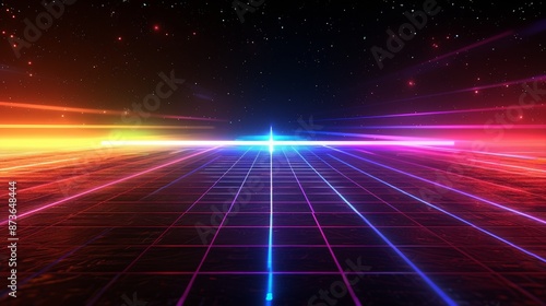 Abstract neon background with glowing lines, empty room with floor reflections.