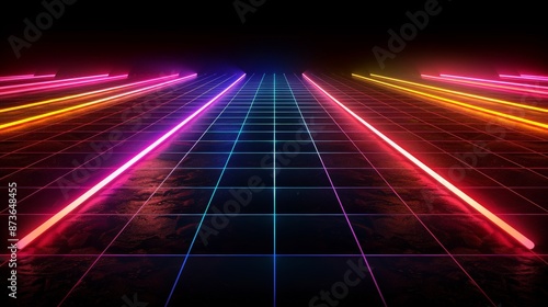 Abstract neon background with glowing lines, empty room with floor reflections.