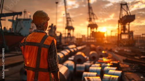 Worker in Orange Safety Vest and Helmet Overseeing Steel Shipyard at Sunset, Cranes Working in the Background with Rolls of Raw Iron Material