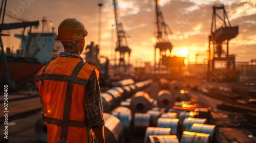 Worker in Orange Safety Vest and Helmet Overseeing Steel Shipyard at Sunset, Cranes Working in the Background with Rolls of Raw Iron Material © nicole