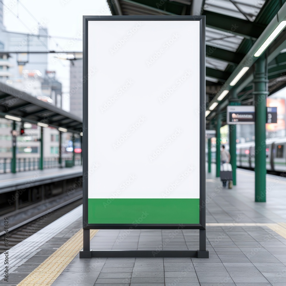 Empty billboard at modern train station platform, perfect for advertising mockup and urban design projects. Empty billboard at modern train station platform, perfect for advertising mockup and urban design projects.