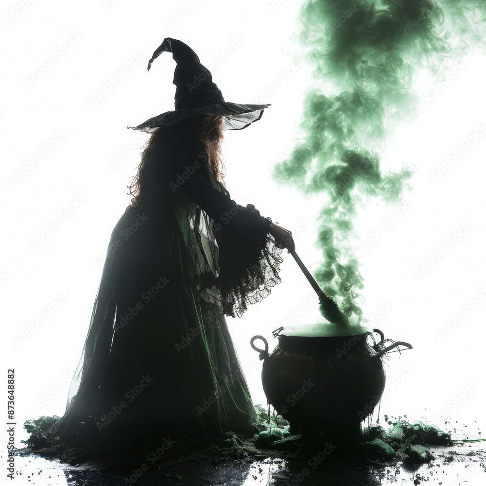 Enchanting Witch stirring bubbling cauldron in haunted forest with green smoke, isolated on white background. Enchanting Witch stirring bubbling cauldron in haunted forest with green smoke, isolated on white background.