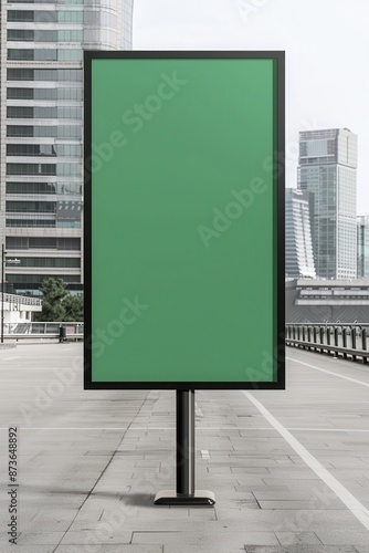 Green blank billboard in an urban city setting with modern skyscrapers. Ideal for advertising and marketing concepts.