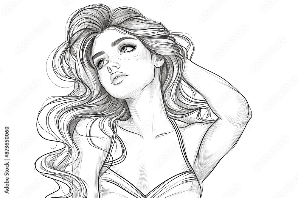 A woman with long hair is drawing herself A woman with long hair is drawing herself