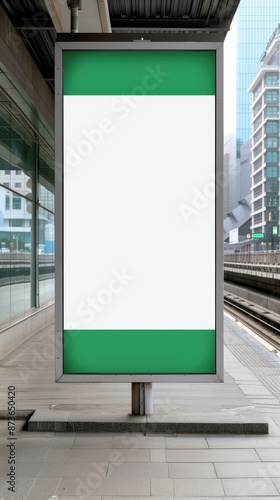 Blank vertical billboard with green borders on city railway station platform. Ideal for advertisement mockups and marketing presentations. photo