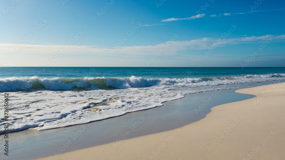 Tranquil Waves Caressing the Pristine Sandy Shore Under a Vast Blue Sky Tranquil Waves Caressing the Pristine Sandy Shore Under a Vast Blue Sky