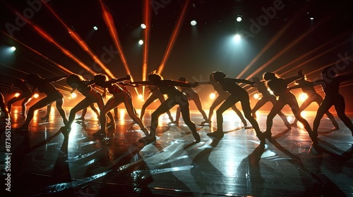 Synchronized Dance Troupe s Acrobatic Futuristic Performance on Dimly Lit Stage
