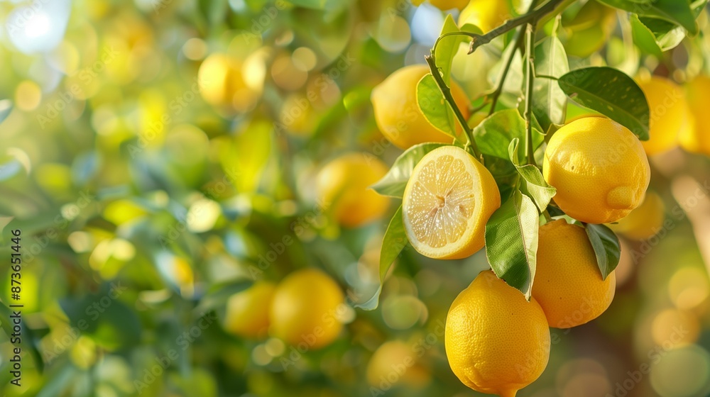 Summer scene with yellow lemons and green branches, perfect for copy space for text Summer scene with yellow lemons and green branches, perfect for copy space for text