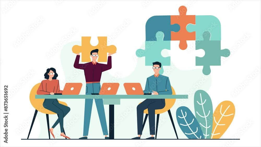 teamwork problem solving discussion with puzzle illustration business animated video