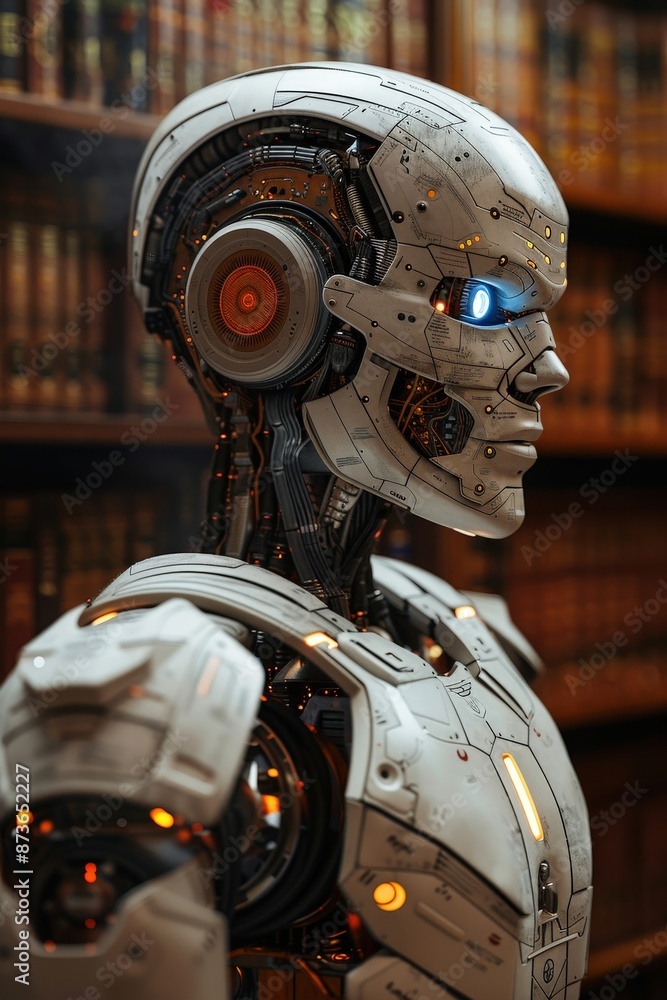 Fototapeta premium A detailed humanoid robot with glowing blue eyes, standing in a library, representing advanced technology and artificial intelligence.