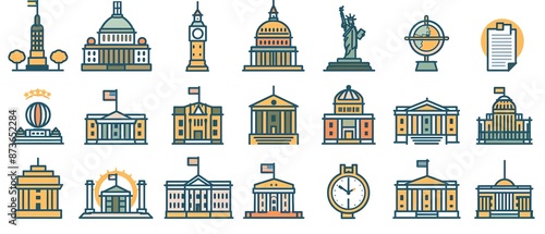 Government icons pack, minimalist line art style, vector illustration, diverse government symbols