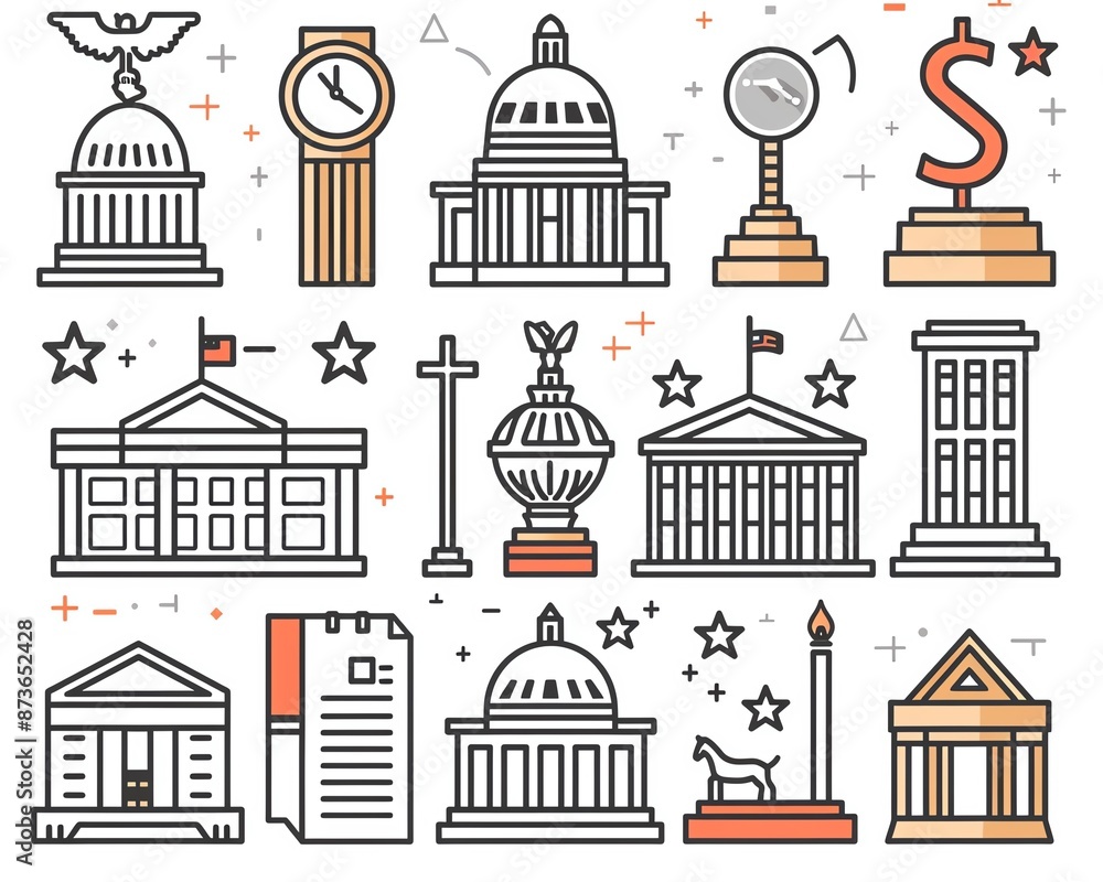 Set of government icons, simple line art style, vector illustration, governance concept Set of government icons, simple line art style, vector illustration, governance concept