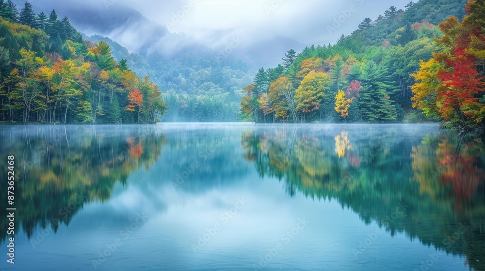 Serene Lake Reflection in Misty Autumnal Forest with Vibrant Fall Foliage Serene Lake Reflection in Misty Autumnal Forest with Vibrant Fall Foliage
