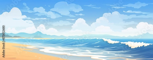 Coastal beach, ocean waves and sandy shore, flat design illustration