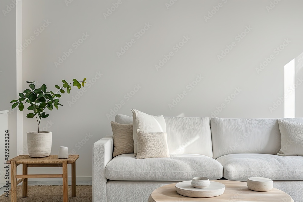 Elegant living room with a simple, modern design, stylish furniture, and natural light creating botanical shadows, enhancing the serene ambiance Elegant living room with a simple, modern design, stylish furniture, and natural light creating botanical shadows, enhancing the serene ambiance