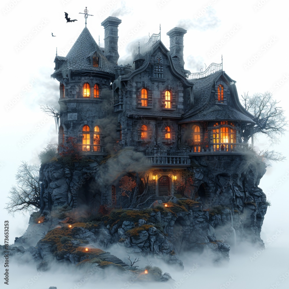 Spooky Haunted House on Hill with Flickering Lights | Eerie Halloween Atmosphere Isolated on White Background with Copy Space Spooky Haunted House on Hill with Flickering Lights | Eerie Halloween Atmosphere Isolated on White Background with Copy Space