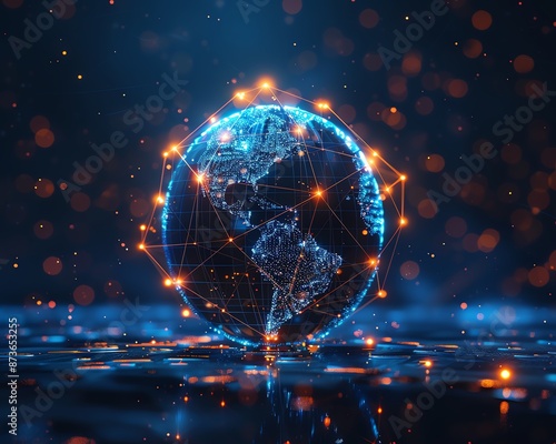 Sleek globe with glowing digital connections, minimalist design, transparency background PNG photo