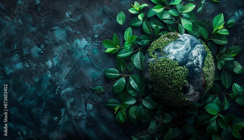 Design an image depicting the planet enveloped in greenery, highlighting watersaving efforts and the importance of ecological balance photo