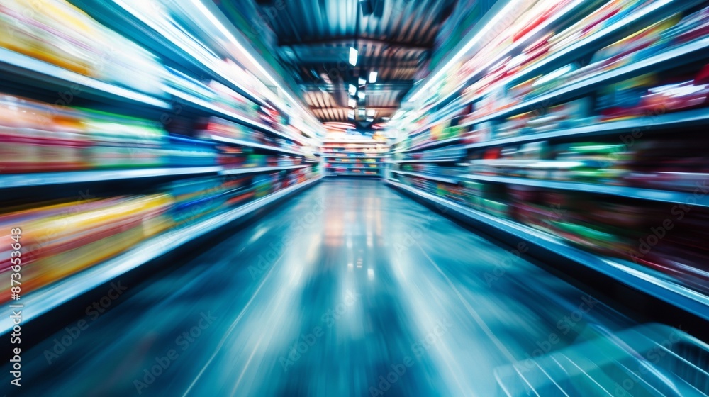 Blurred perspective of grocery store aisle Blurred perspective of grocery store aisle