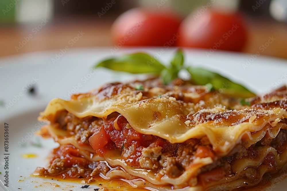 Delicious and savory fresh homemade lasagna closeup. A traditional italian cuisine meal with layers of pasta. Tomato sauce. Ground meat. Cheese. And basil garnish Delicious and savory fresh homemade lasagna closeup. A traditional italian cuisine meal with layers of pasta. Tomato sauce. Ground meat. Cheese. And basil garnish