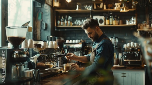 A barista is brewing coffee in a stylish cafe with contemporary industrial design and cozy lighting AIG62 photo