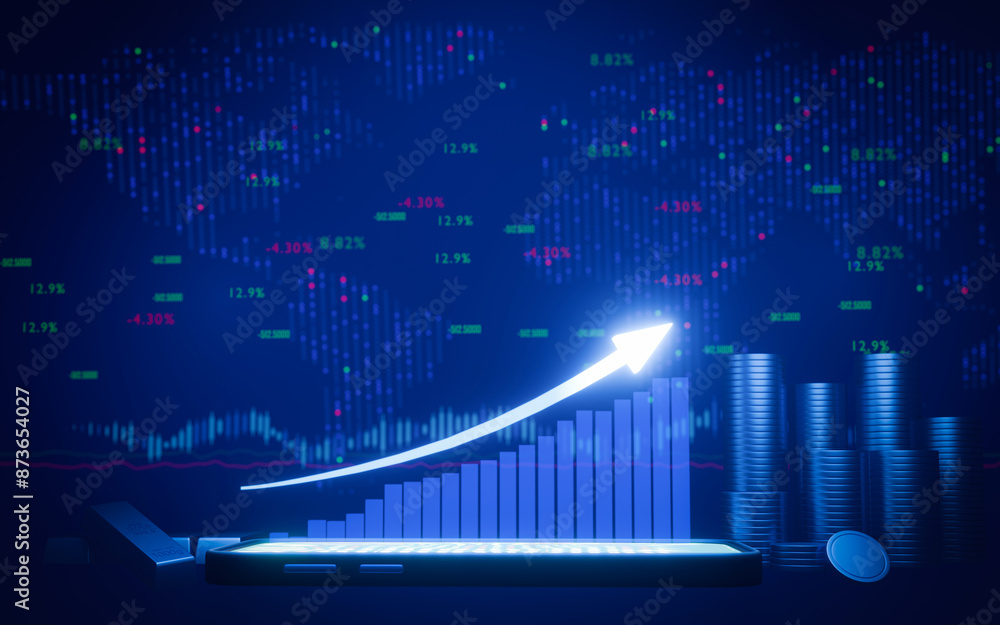 Naklejka premium Candlestick chart Investing in the stock market. Bar graph represents transactions, buying and selling all the time. Digital or online speculative trading background or wallpaper. 3d rendering