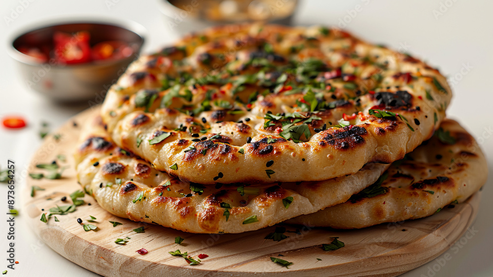 a stack of pizzas sitting on top of a wooden cutting board a stack of pizzas sitting on top of a wooden cutting board