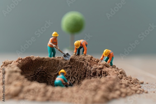 Miniature construction workers digging a hole in the ground.