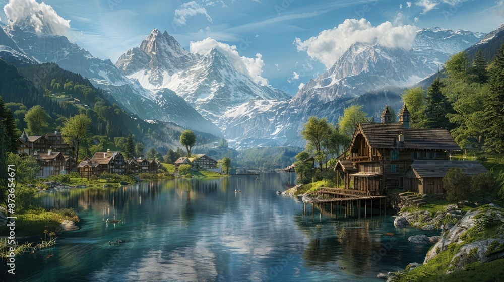 Majestic Alpinelandscape with Quaint Swiss Hamlet and Tranquil Lakeside Reflection Majestic Alpinelandscape with Quaint Swiss Hamlet and Tranquil Lakeside Reflection