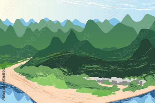 Asian landscape, green mountain, travel, nature, river, background, vector illustration