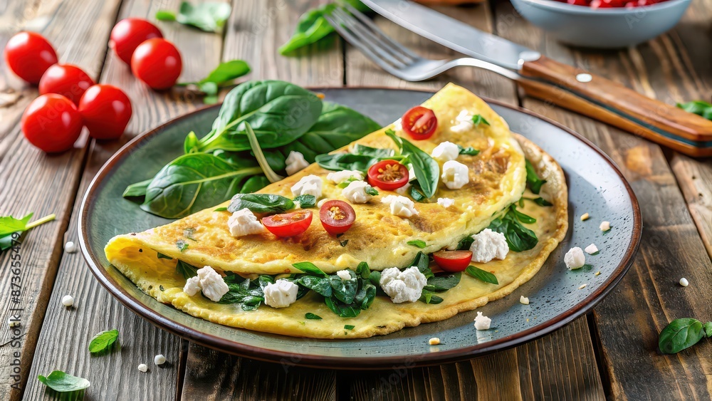 Spinach and feta omelette with fresh ingredients on a plate, healthy breakfast, eggs, cooked, savory, delicious Spinach and feta omelette with fresh ingredients on a plate, healthy breakfast, eggs, cooked, savory, delicious