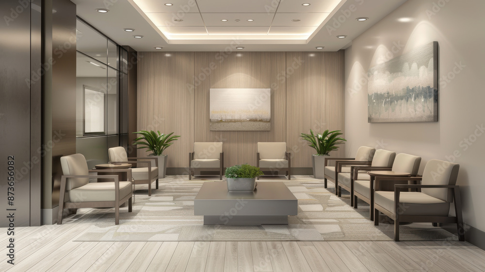 A comfortable and inviting waiting area in a modern clinic, with contemporary furniture and calming decor A comfortable and inviting waiting area in a modern clinic, with contemporary furniture and calming decor