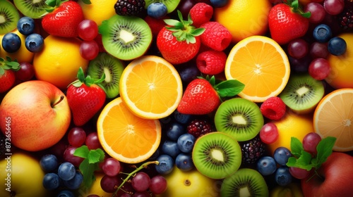 Healthy fruit platter background: top view of fresh and vibrant assorted fruits including strawberries, raspberries, oranges, plums, apples, kiwis, grapes, blueberries, mango, and persimmon, selective