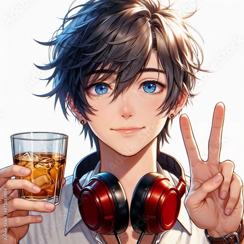 A picture of an anime character wear headset on his neck and holding a glass of whiskey. photo