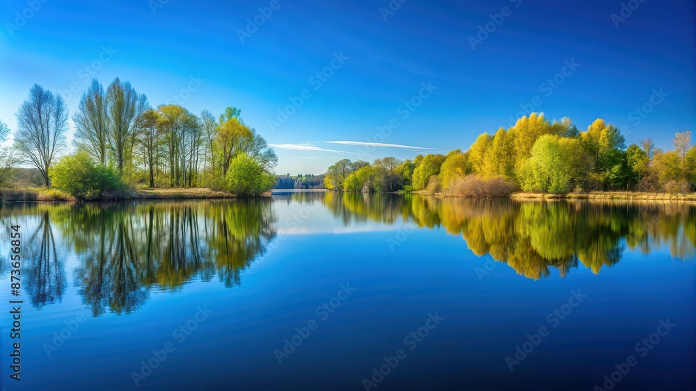 Reflection of a cloudless blue sky in clear lake waters, capturing serene spring beauty, spring, landscape, blue, sky, reflection Reflection of a cloudless blue sky in clear lake waters, capturing serene spring beauty, spring, landscape, blue, sky, reflection