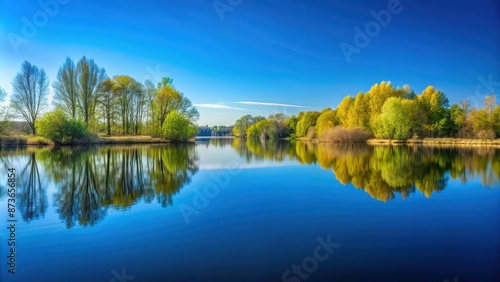 Reflection of a cloudless blue sky in clear lake waters, capturing serene spring beauty, spring, landscape, blue, sky, reflection