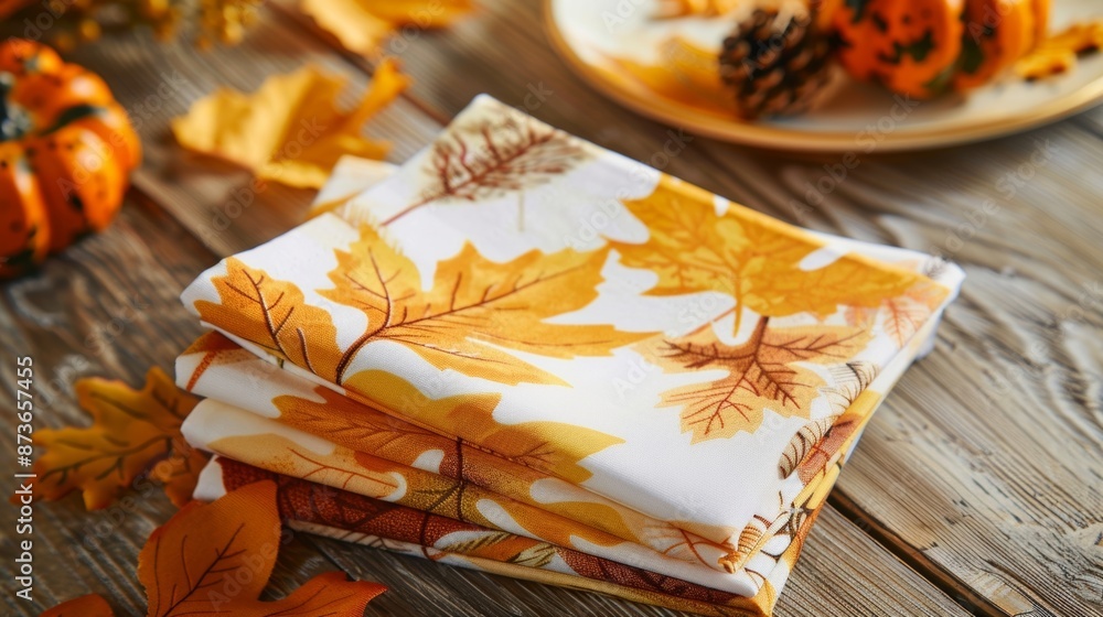 Fototapeta premium A finished set of autumnthemed leaf imprint napkins perfect for seasonal dinners and gatherings..