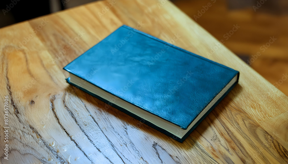 Fototapeta premium photo of a blue book with a white spine on a brown wooden table A realistic image of a closed book on a table A stock photo of a hardcover book on a table A close-up image of a blue book on a desk